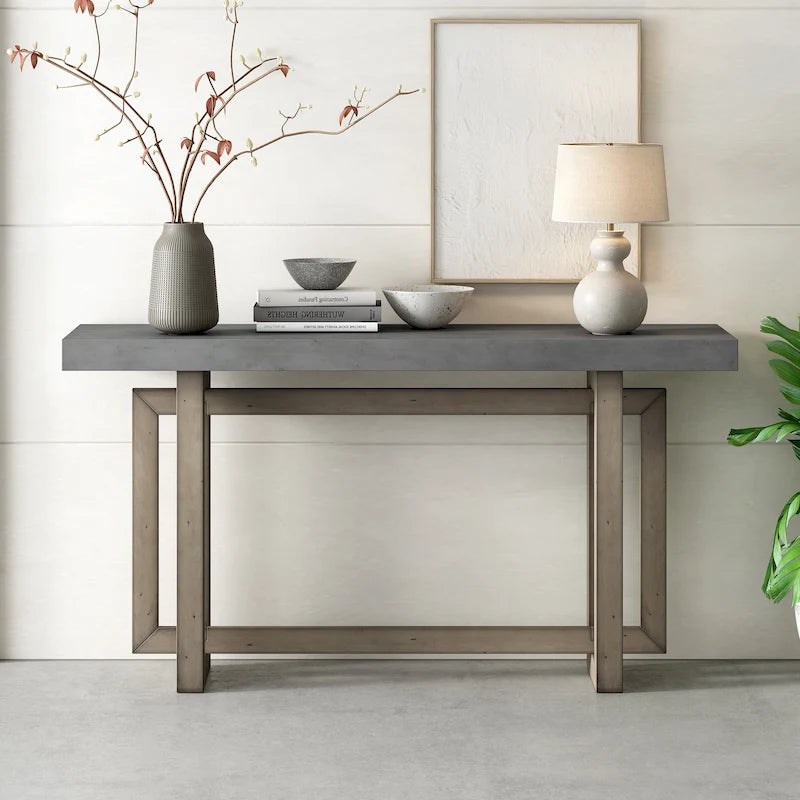 Industrial Console Table with Concrete-Textured Wood Top