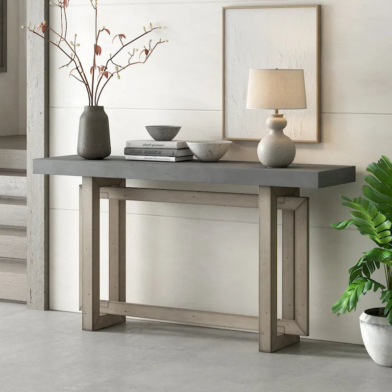 Industrial Console Table with Concrete-Textured Wood Top