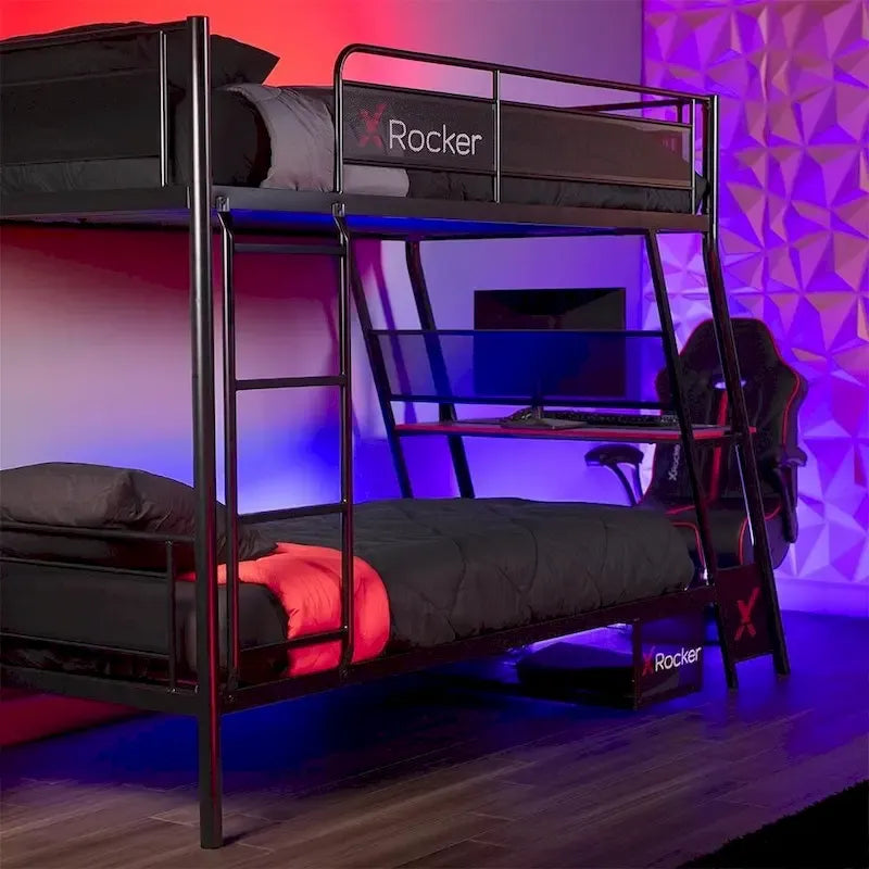 Twin Gaming Bunk Bed with Built-In Desk and Shelving, Black