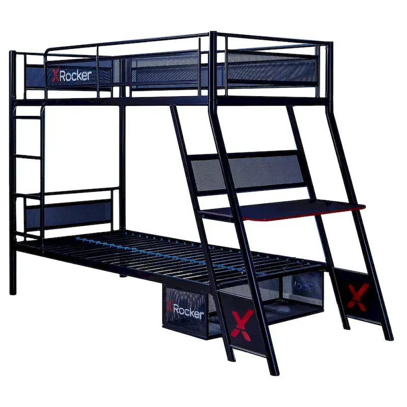 Twin Gaming Bunk Bed with Built-In Desk and Shelving, Black