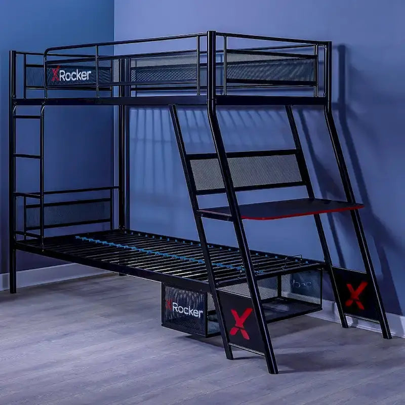 Twin Gaming Bunk Bed with Built-In Desk and Shelving, Black
