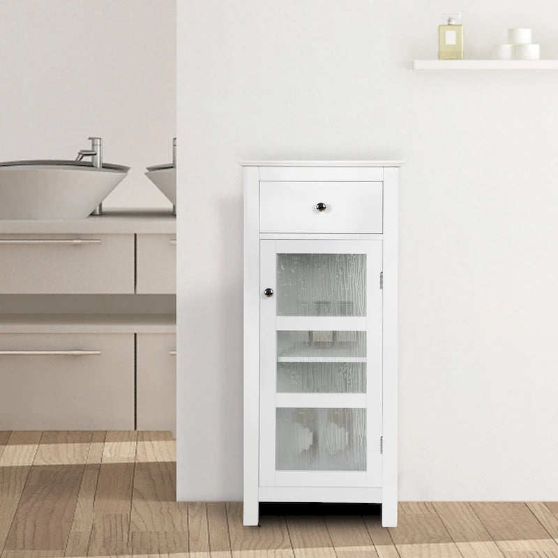 White Floor Accent Cabinet with Water-Textured Glass