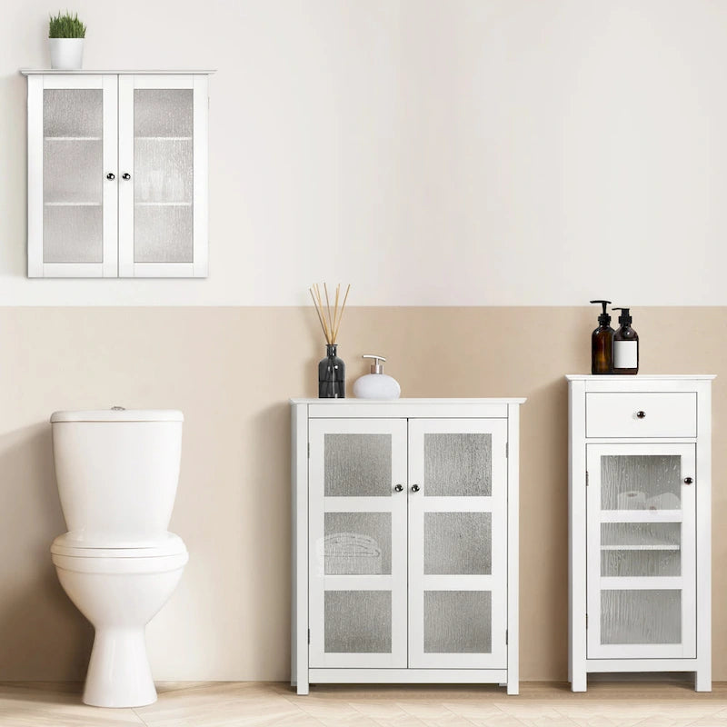 White Floor Accent Cabinet with Water-Textured Glass