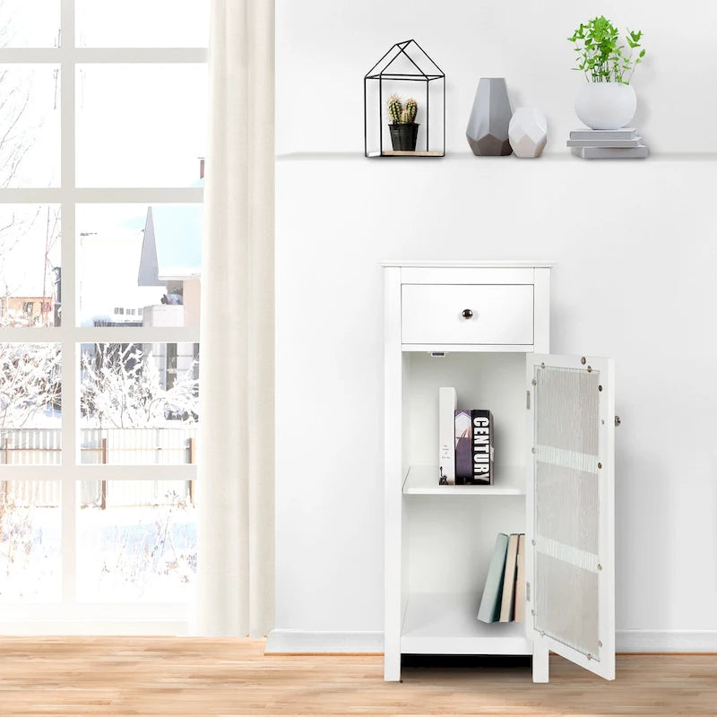 White Floor Accent Cabinet with Water-Textured Glass