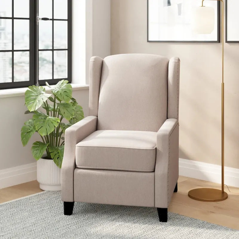 Pushback Wingback Recliner with Pocket Spring Seat and Nailhead Trim
