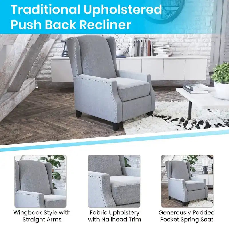 Pushback Wingback Recliner with Pocket Spring Seat and Nailhead Trim