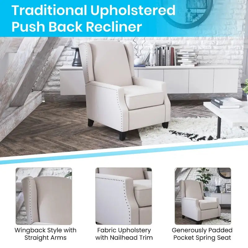 Pushback Wingback Recliner with Pocket Spring Seat and Nailhead Trim