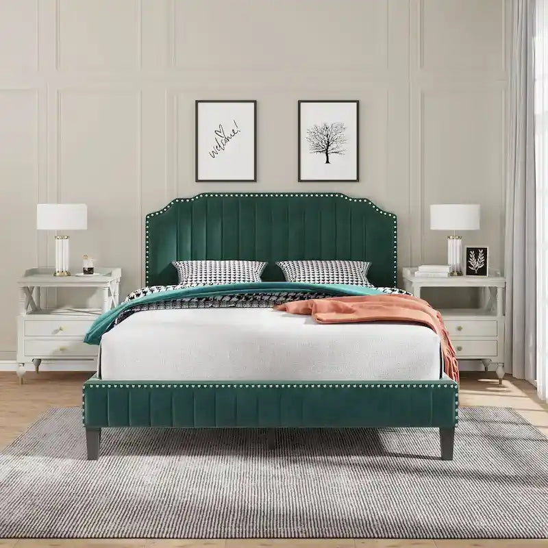 3-Piece Bedroom Set with Curved Linen Upholstered King Bed and Two Nightstands