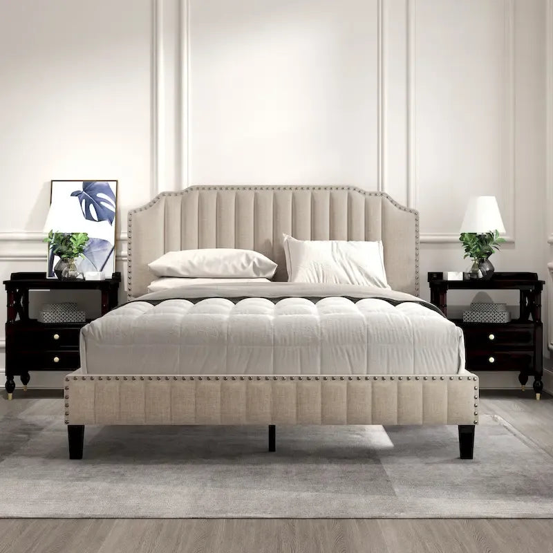 3-Piece Bedroom Set with Curved Linen Upholstered King Bed and Two Nightstands