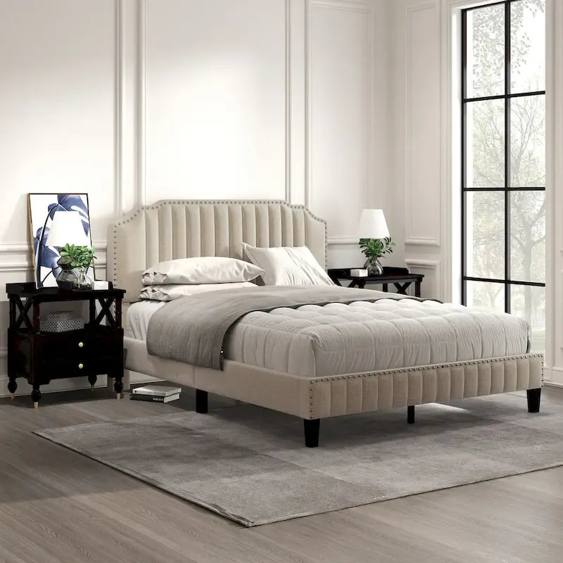 3-Piece Bedroom Set with Curved Linen Upholstered King Bed and Two Nightstands