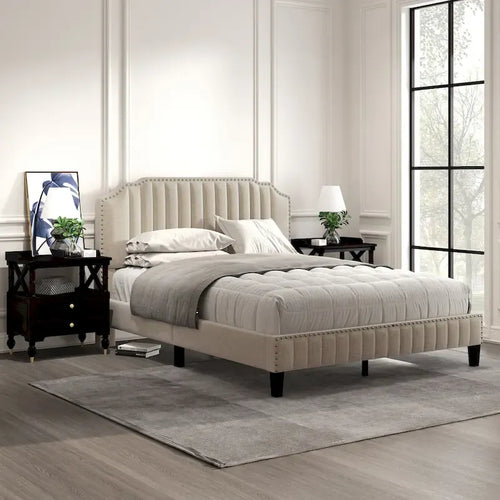 3-Piece Bedroom Set with Curved Linen Upholstered King Bed and Two Nightstands