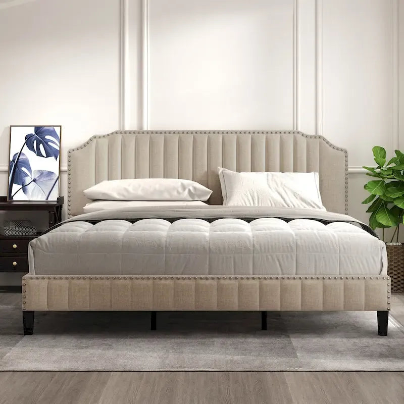 3-Piece Bedroom Set with Curved Linen Upholstered King Bed and Two Nightstands