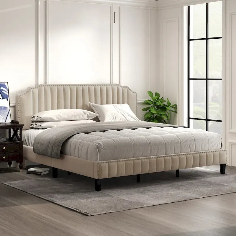 3-Piece Bedroom Set with Curved Linen Upholstered King Bed and Two Nightstands
