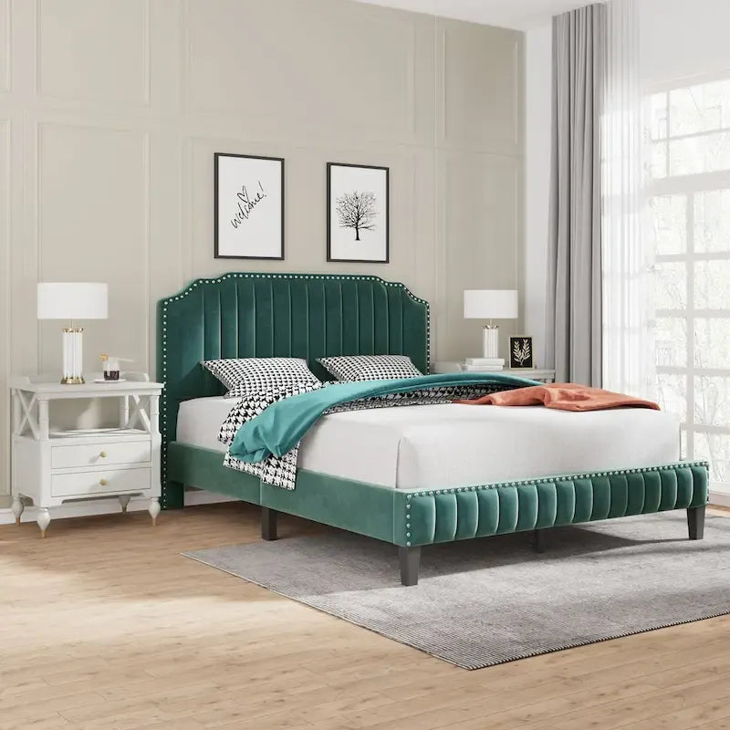 3-Piece Bedroom Set with Curved Linen Upholstered King Bed and Two Nightstands