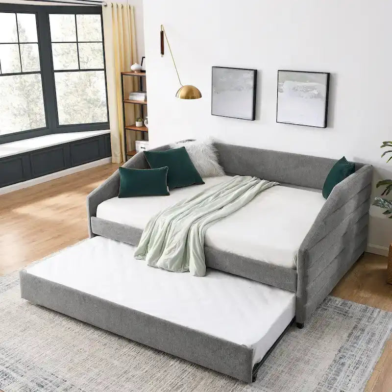 Linen Upholstered Tufted Daybed with Pull-Out Trundle