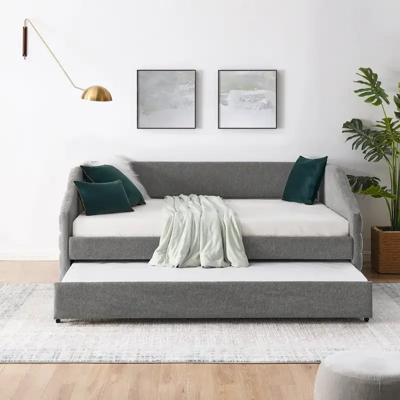 Linen Upholstered Tufted Daybed with Pull-Out Trundle