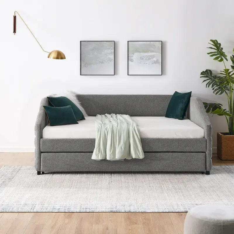 Linen Upholstered Tufted Daybed with Pull-Out Trundle