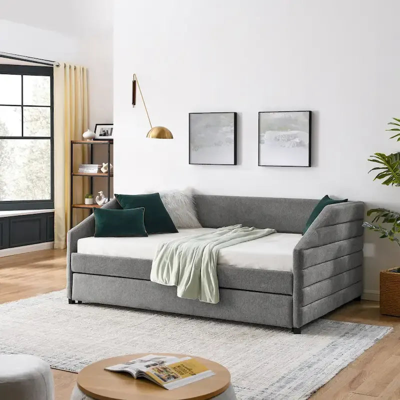 Linen Upholstered Tufted Daybed with Pull-Out Trundle