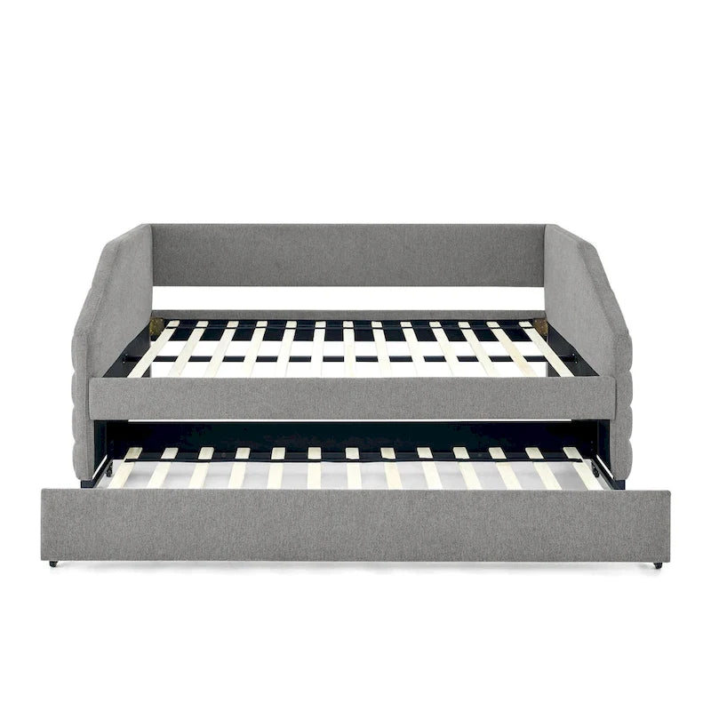 Linen Upholstered Tufted Daybed with Pull-Out Trundle