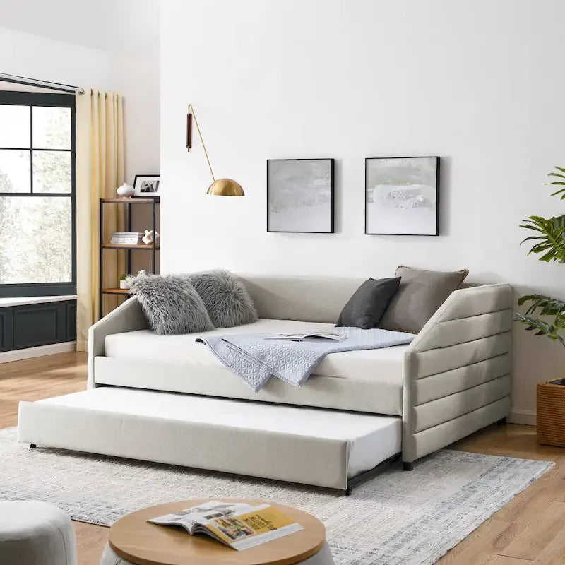 Linen Upholstered Tufted Daybed with Pull-Out Trundle