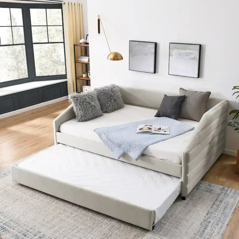 Linen Upholstered Tufted Daybed with Pull-Out Trundle