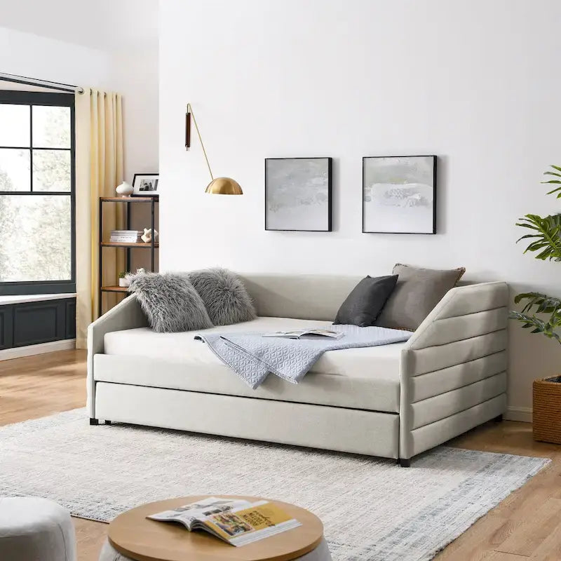 Linen Upholstered Tufted Daybed with Pull-Out Trundle