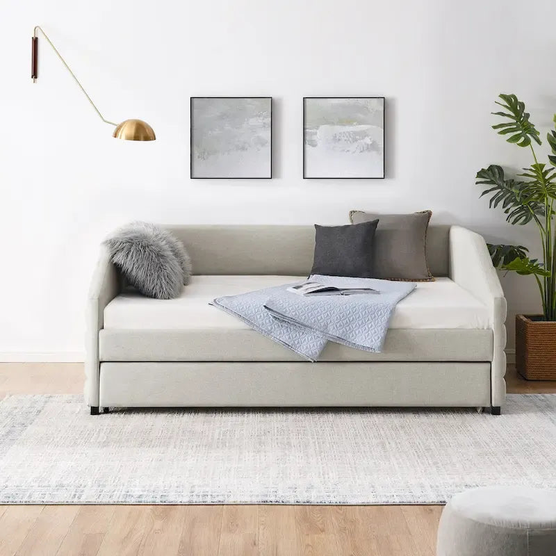Linen Upholstered Tufted Daybed with Pull-Out Trundle