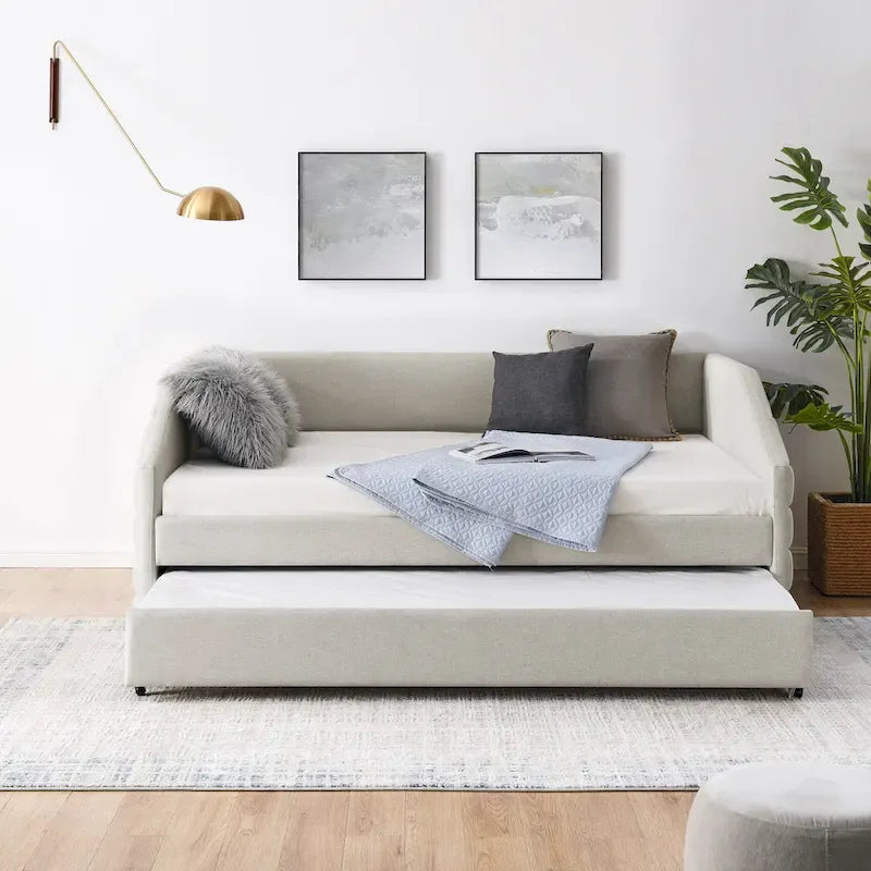 Linen Upholstered Tufted Daybed with Pull-Out Trundle
