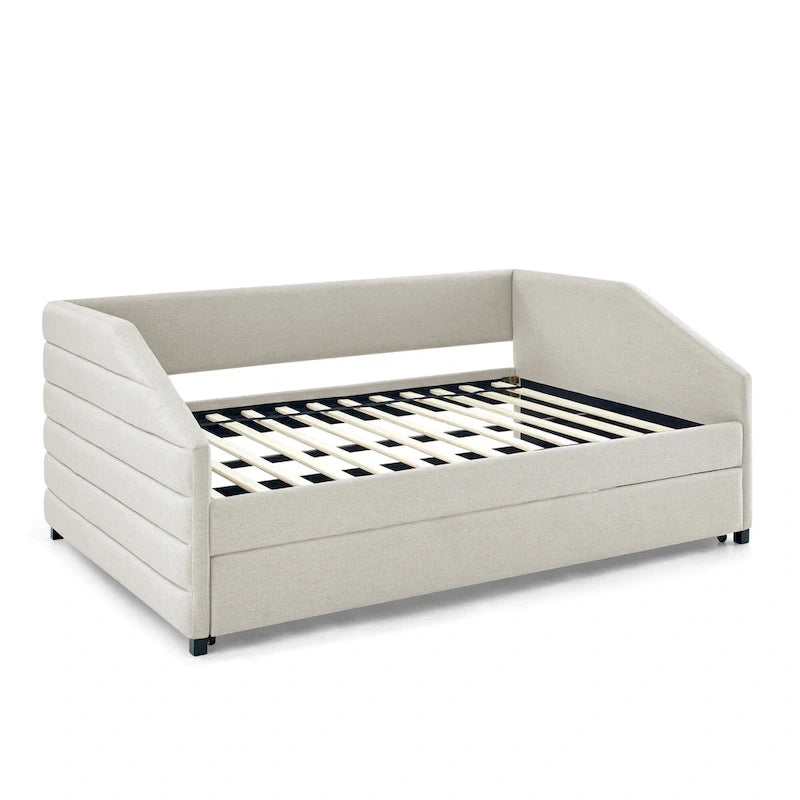 Linen Upholstered Tufted Daybed with Pull-Out Trundle