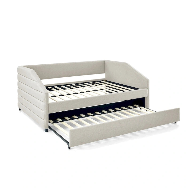 Linen Upholstered Tufted Daybed with Pull-Out Trundle