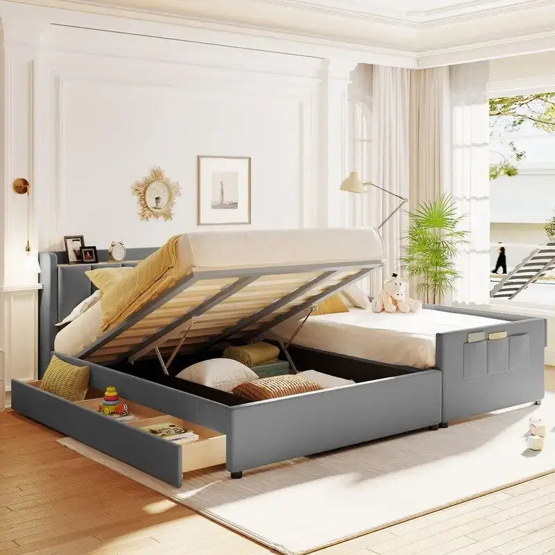 Queen & Twin XL Upholstered Platform Bed with Hydraulic Storage