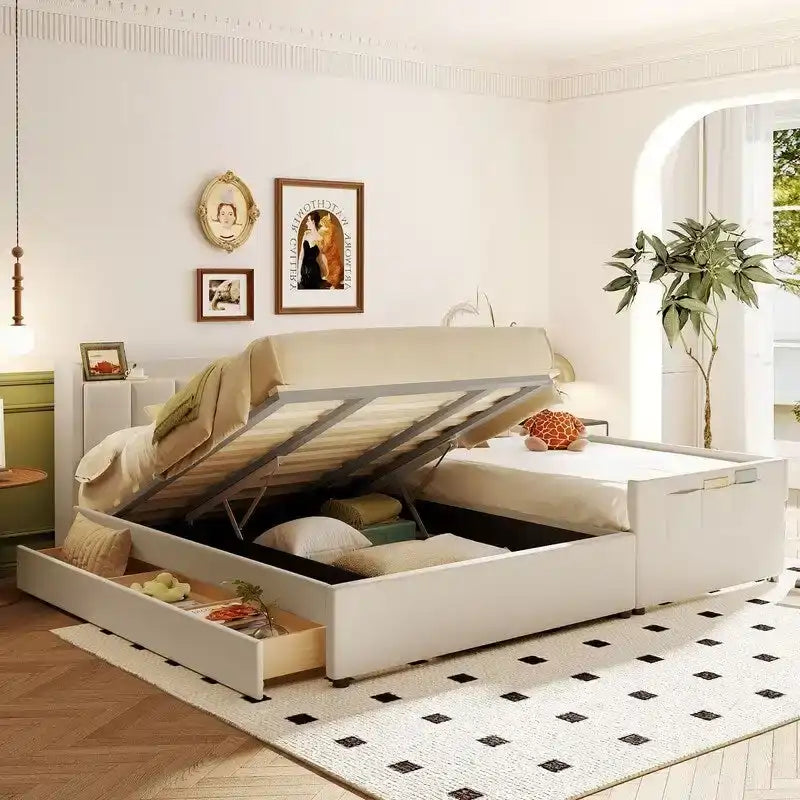 Queen & Twin XL Upholstered Platform Bed with Hydraulic Storage