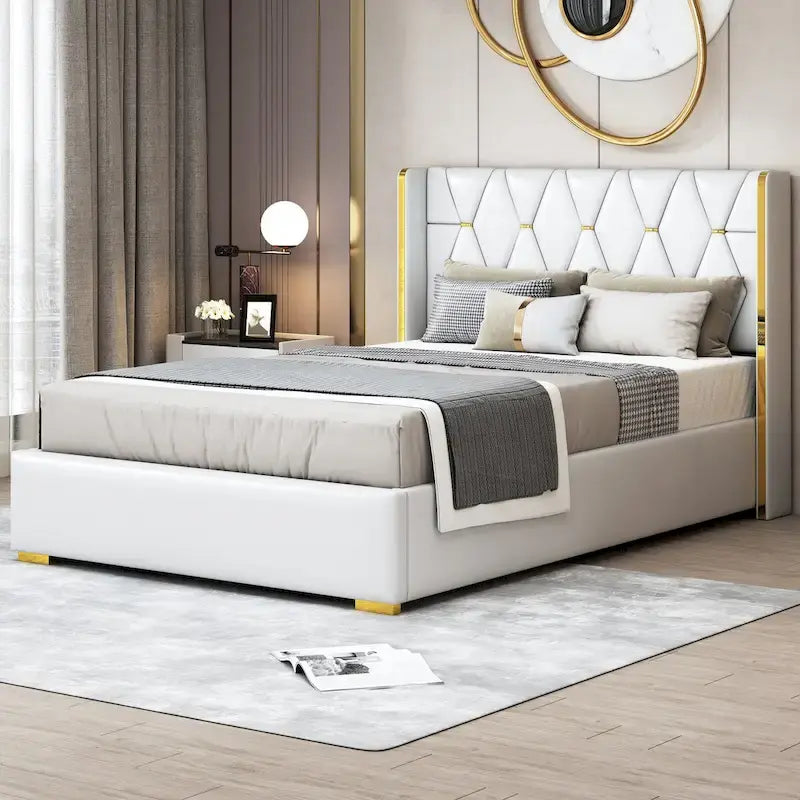 Full Size Upholstered Platform Bed with PU Finish and Metal Strips