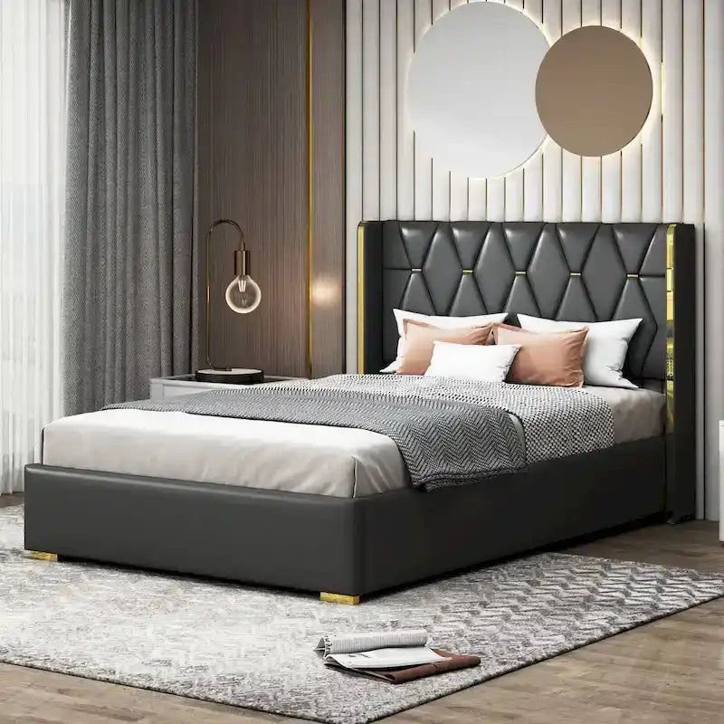 Full Size Upholstered Platform Bed with PU Finish and Metal Strips