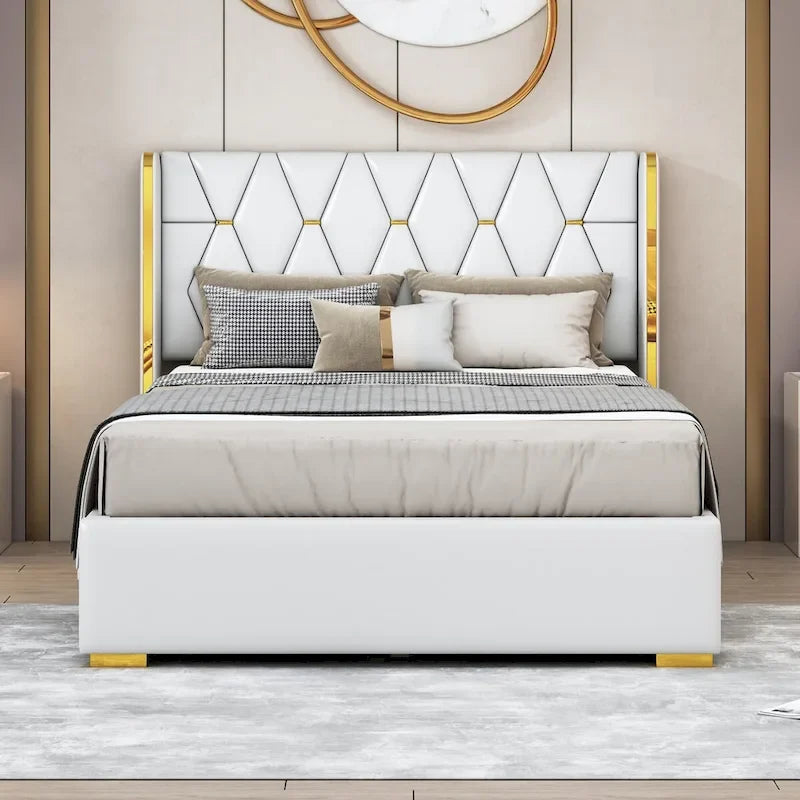 Full Size Upholstered Platform Bed with PU Finish and Metal Strips