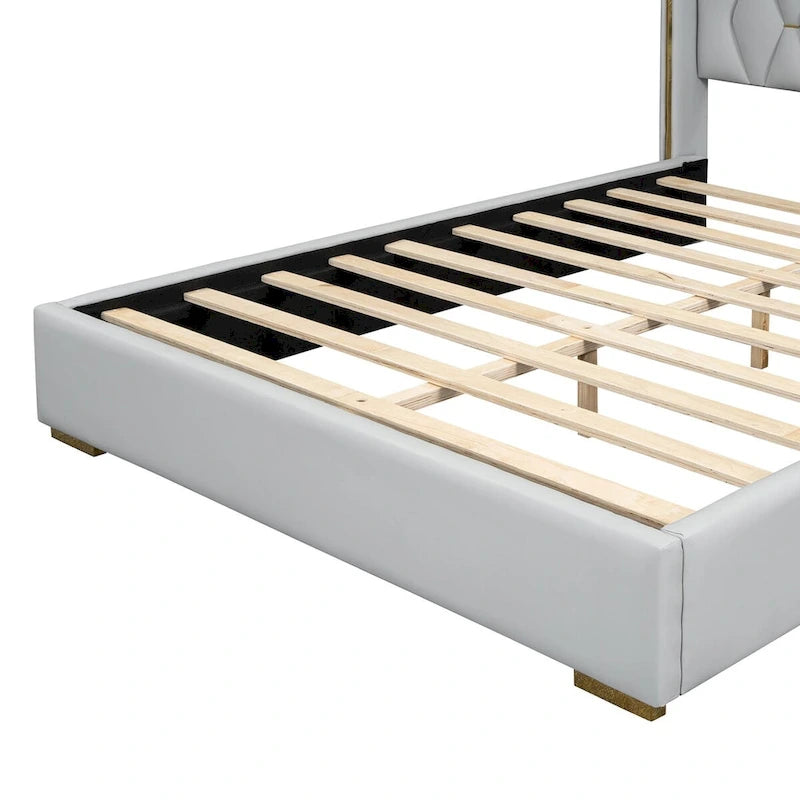 Full Size Upholstered Platform Bed with PU Finish and Metal Strips