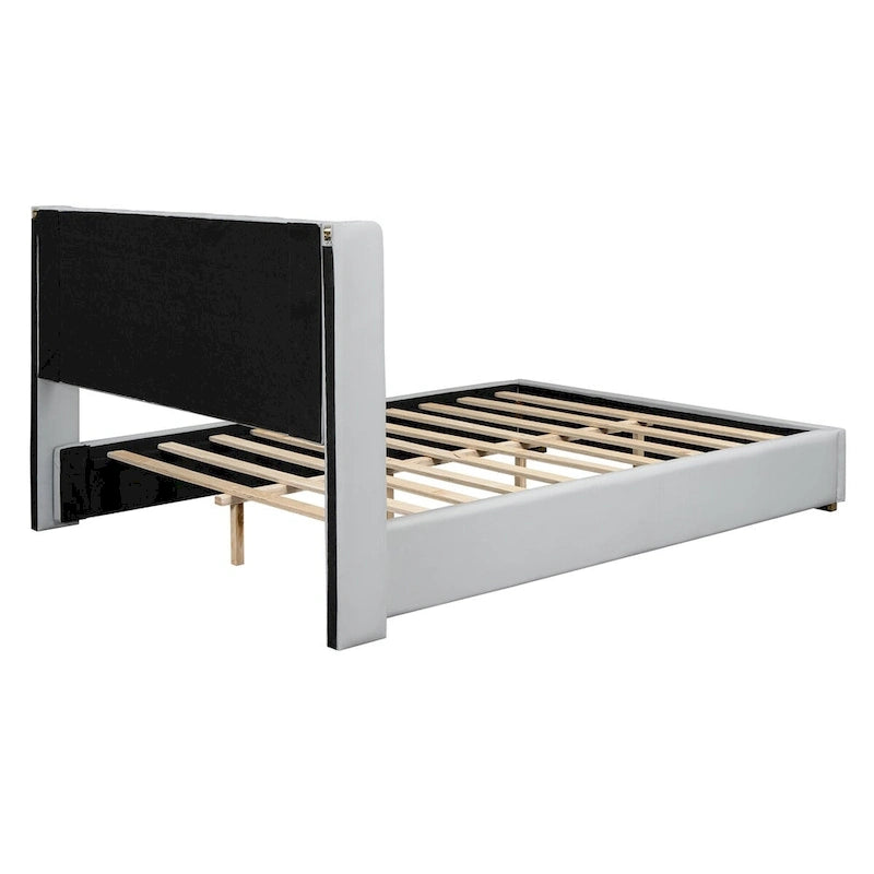 Full Size Upholstered Platform Bed with PU Finish and Metal Strips