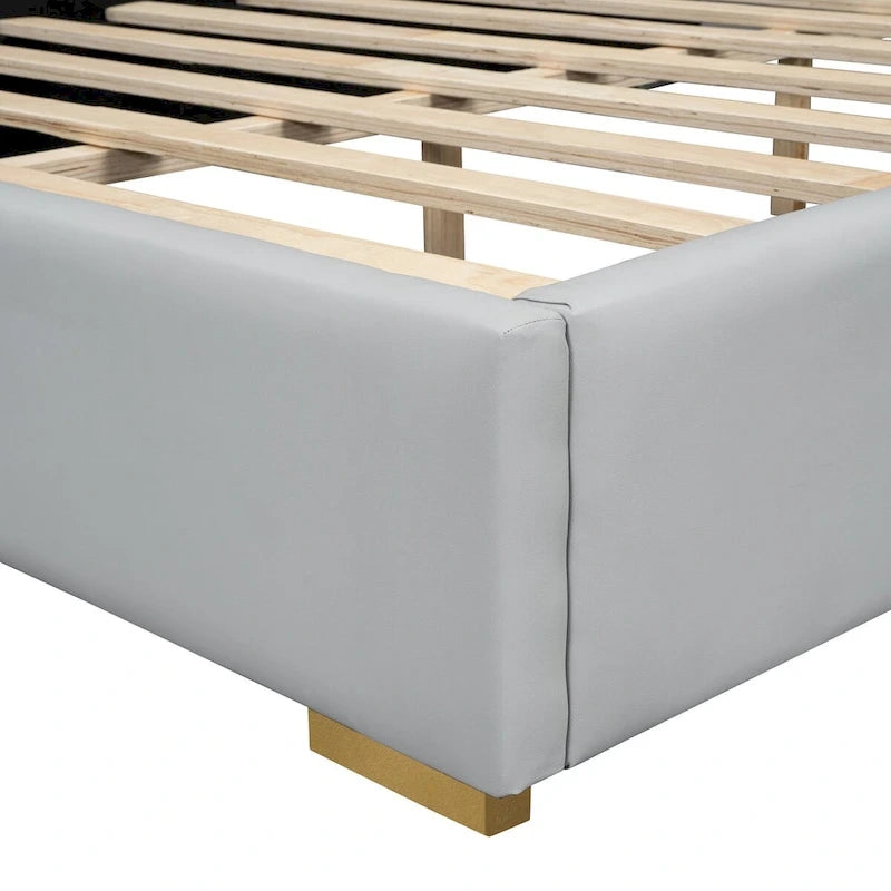 Full Size Upholstered Platform Bed with PU Finish and Metal Strips