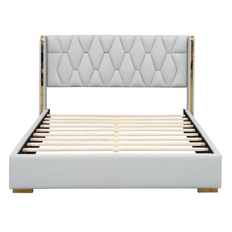 Full Size Upholstered Platform Bed with PU Finish and Metal Strips