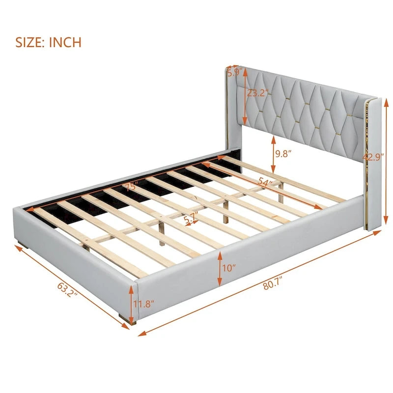 Full Size Upholstered Platform Bed with PU Finish and Metal Strips