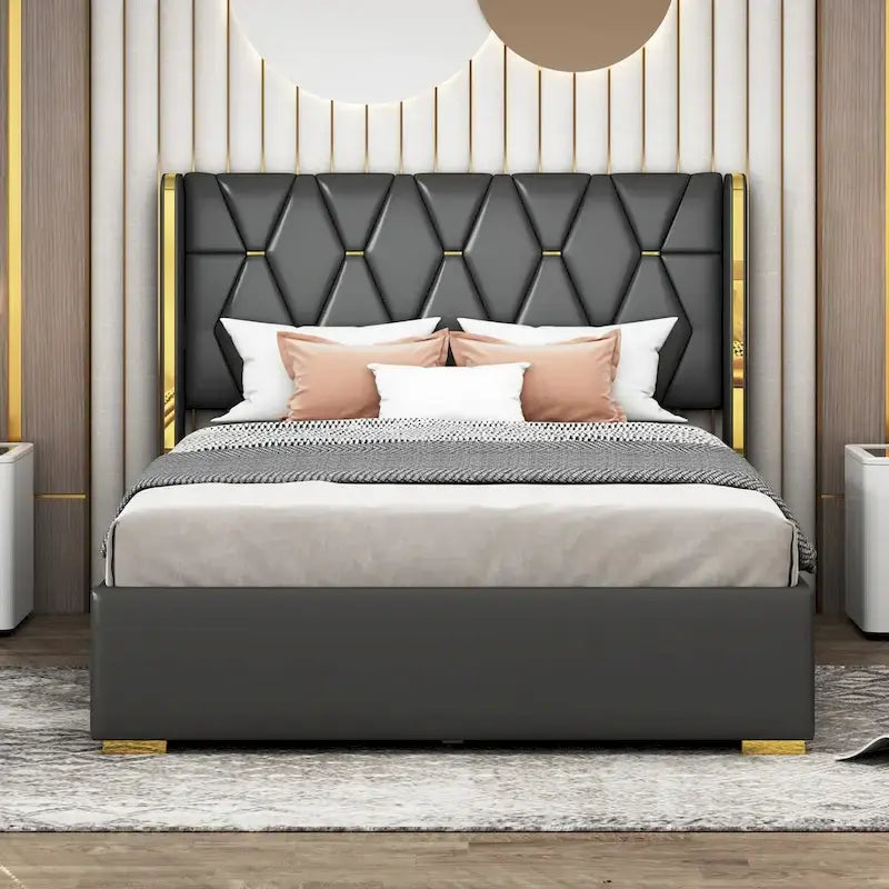 Full Size Upholstered Platform Bed with PU Finish and Metal Strips