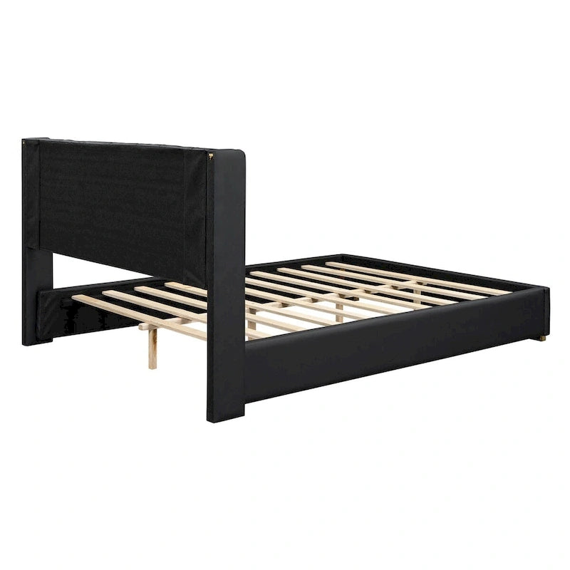 Full Size Upholstered Platform Bed with PU Finish and Metal Strips