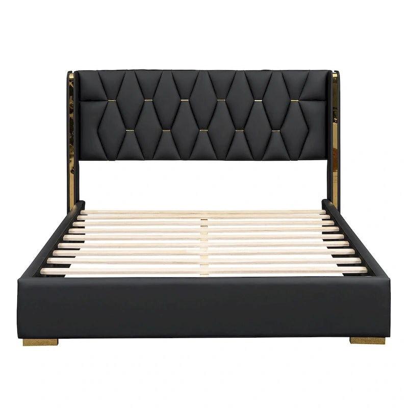 Full Size Upholstered Platform Bed with PU Finish and Metal Strips