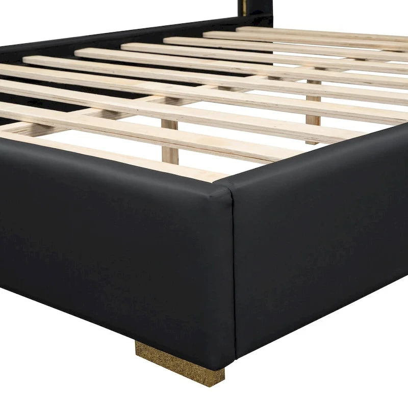 Full Size Upholstered Platform Bed with PU Finish and Metal Strips