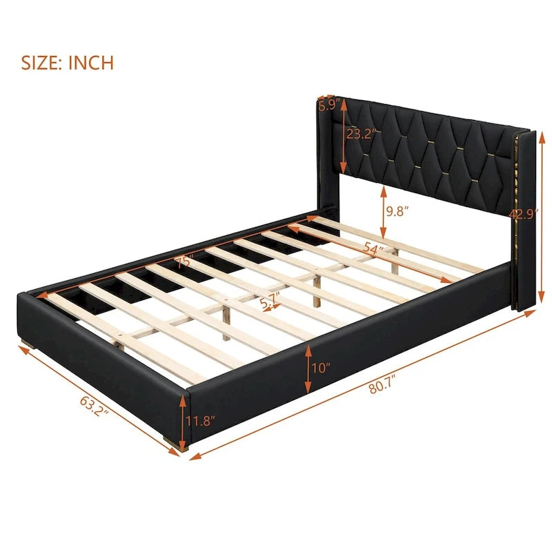 Full Size Upholstered Platform Bed with PU Finish and Metal Strips