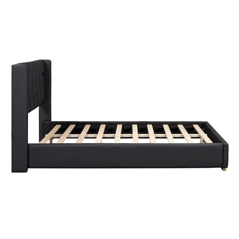 Full Size Upholstered Platform Bed with PU Finish and Metal Strips