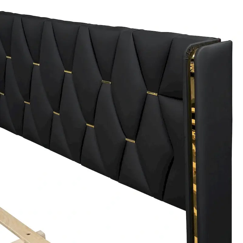 Full Size Upholstered Platform Bed with PU Finish and Metal Strips