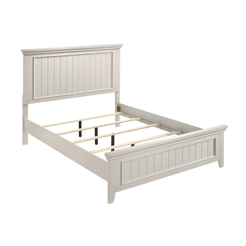 Off-White Wood Panel Bed with Shiplap-Inspired Design