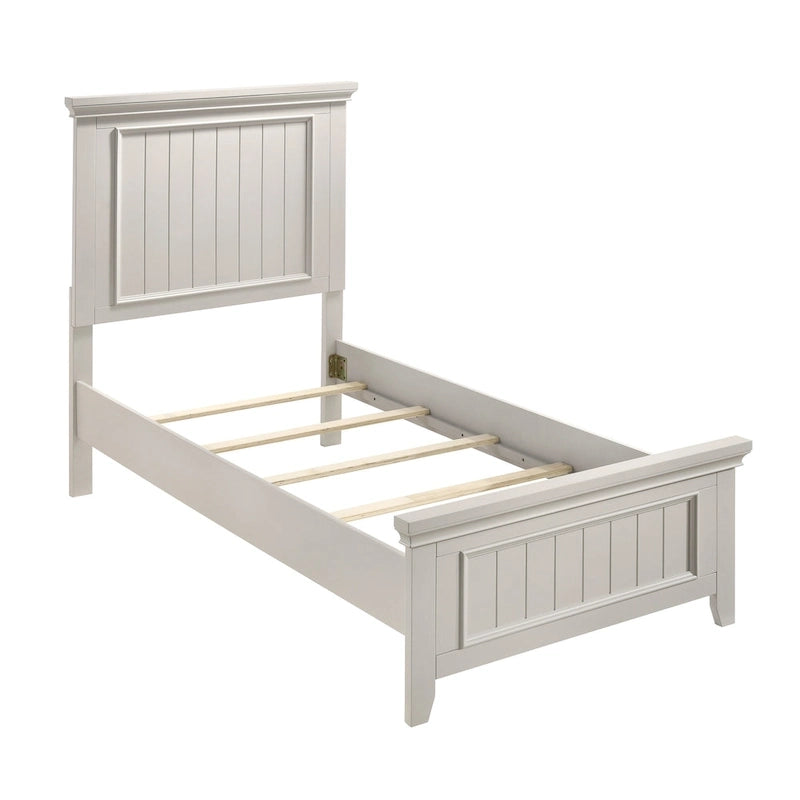 Off-White Wood Panel Bed with Shiplap-Inspired Design