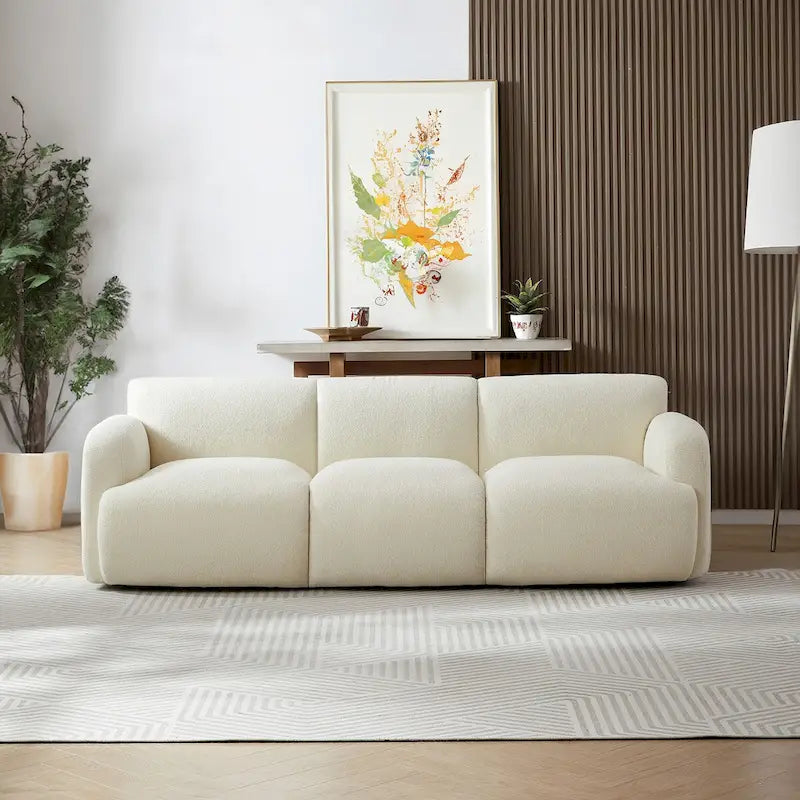 Mid-Century Modern Tufted Cream Boucle 3-Seater Sofa